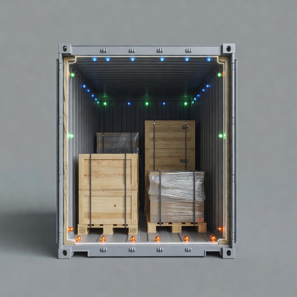 Flat container cutaway showing conceptual air-temperature, humidity, shock and door sensing points