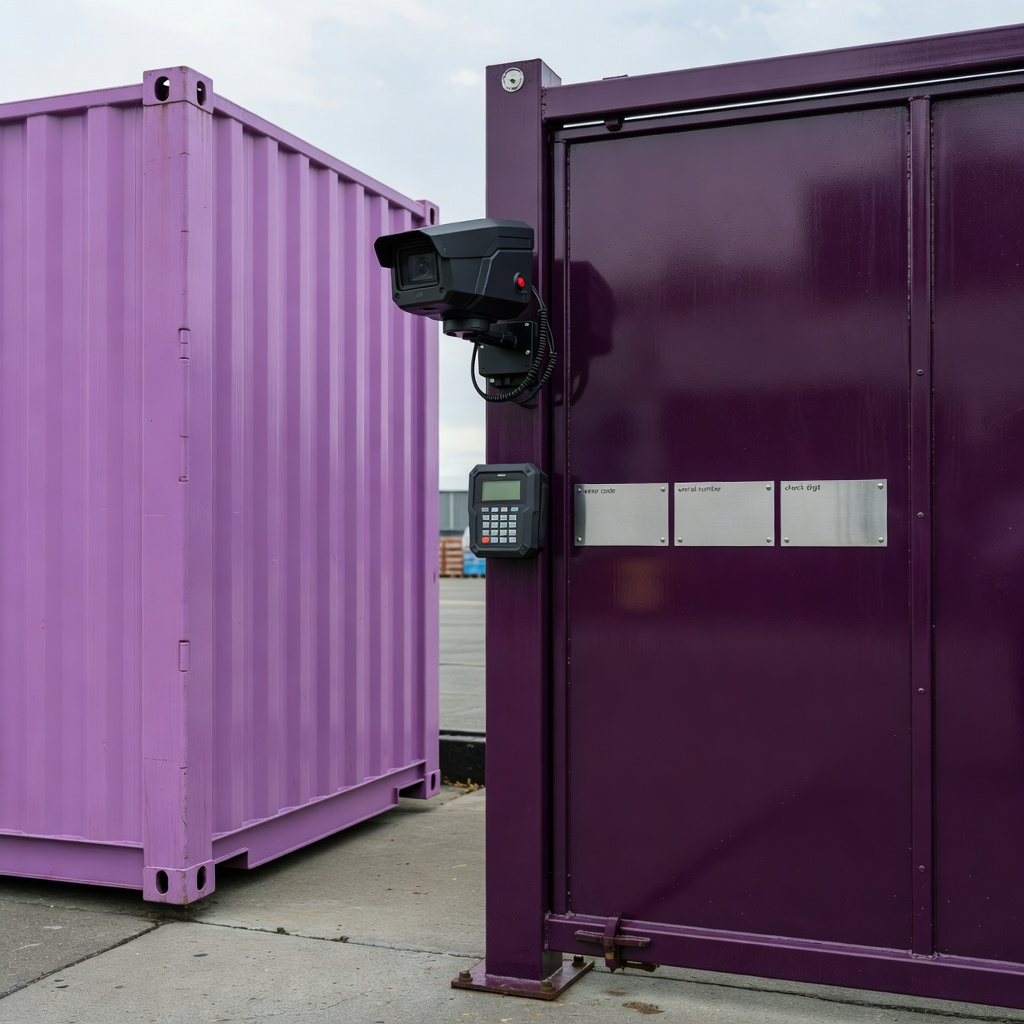 Lilac container beside an aubergine gate camera with labels for owner code, serial number and check digit
