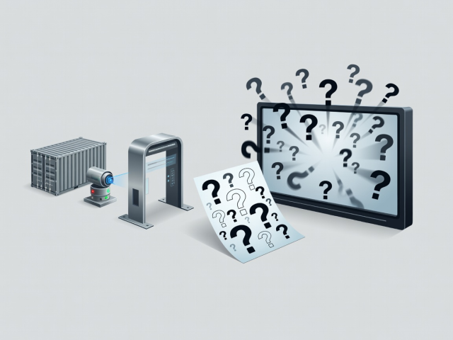 Illustrated container, sensor and gate-reader icons beside an enquiry sheet with conceptual question marks