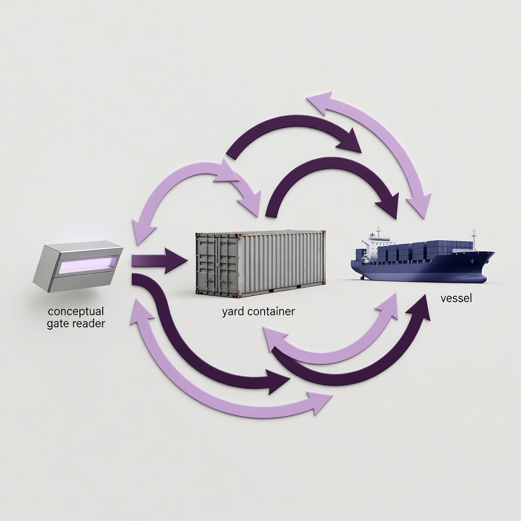 Conceptual gate reader, yard container and vessel connected by labelled event arrows in lilac and aubergine