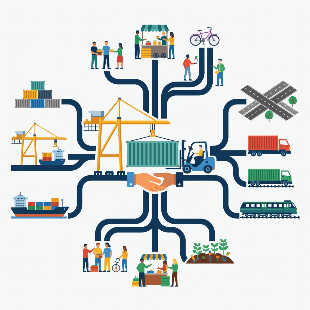 Flat illustration connecting terminal operations, community exchange and transport planning around a container handoff
